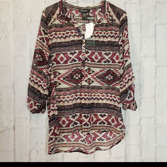 ABOUT A GIRL Semi-sheer Aztec Print Tunic Blouse Medium - Picture 1 of 6